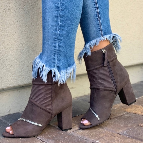 Gray Zipper Detail Peep Toe Sock Ankle Bootie - Picture 2 of 7